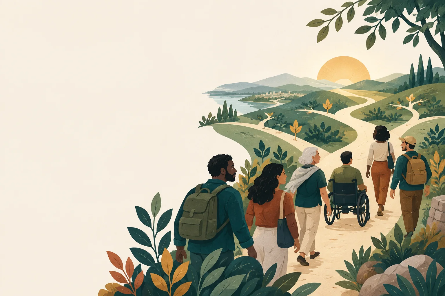 A diverse community walking a shared path toward the morning light