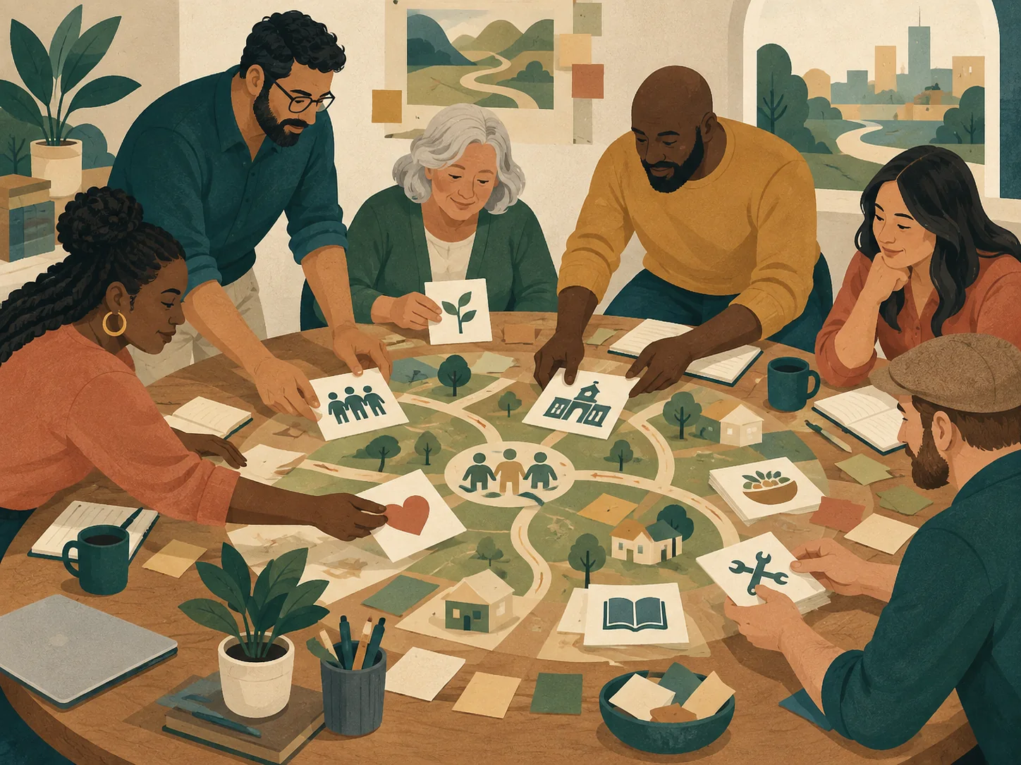 An editorial scene expressing administration through service and community