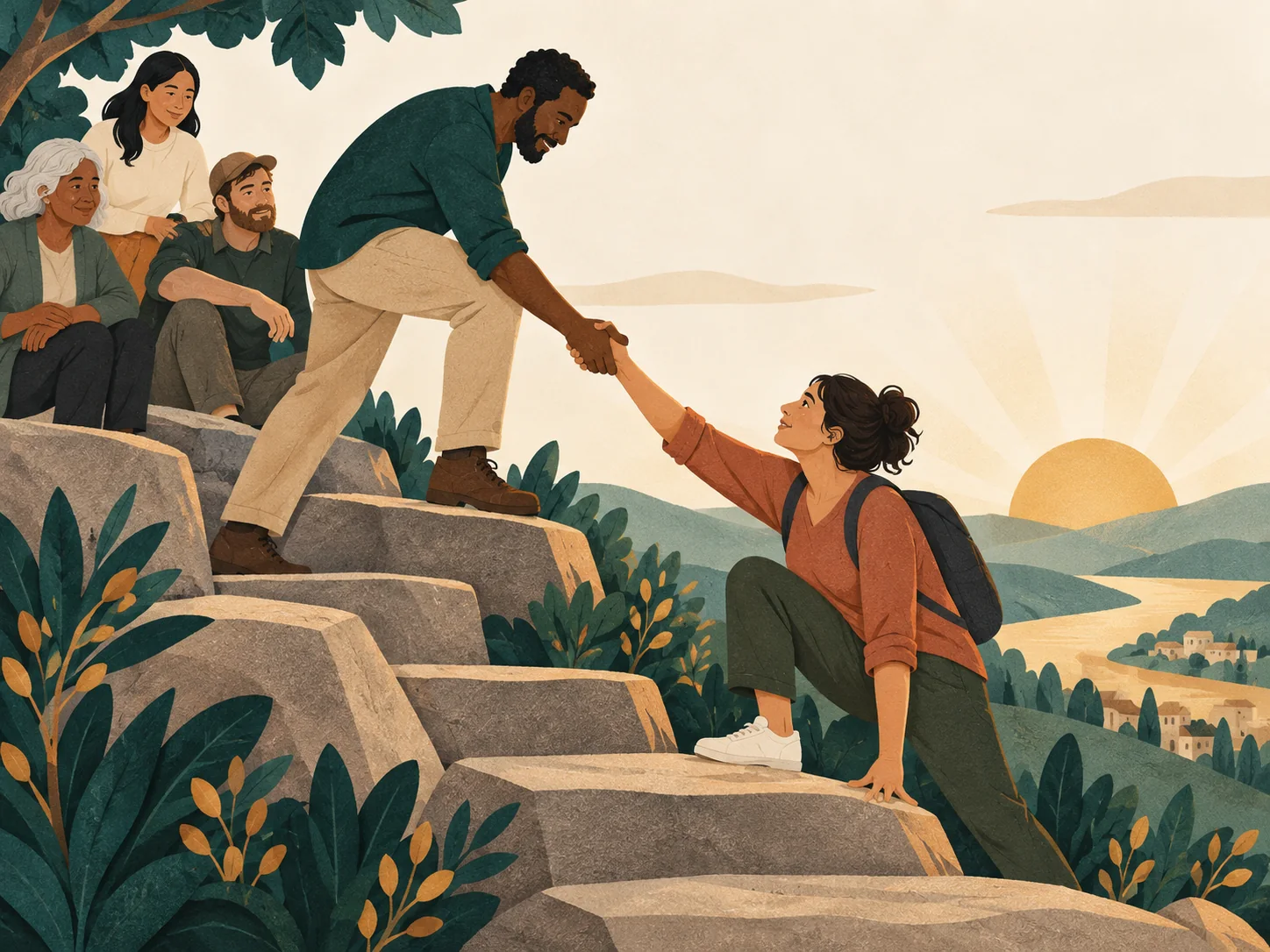 An editorial scene expressing encouragement through service and community