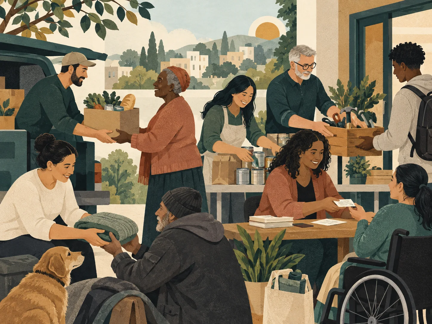 An editorial scene expressing giving through service and community