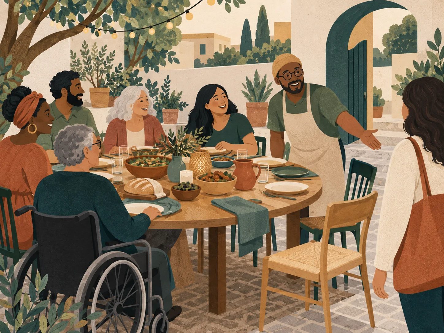 An editorial scene expressing hospitality through service and community