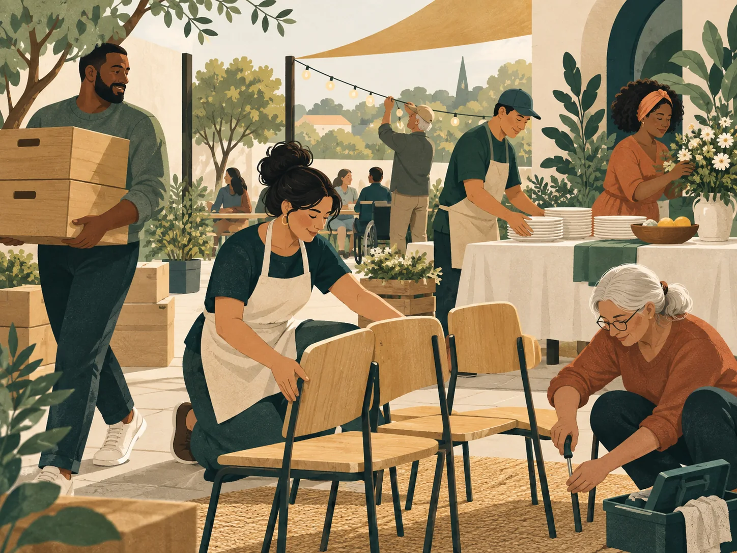 An editorial scene expressing service / helps through service and community
